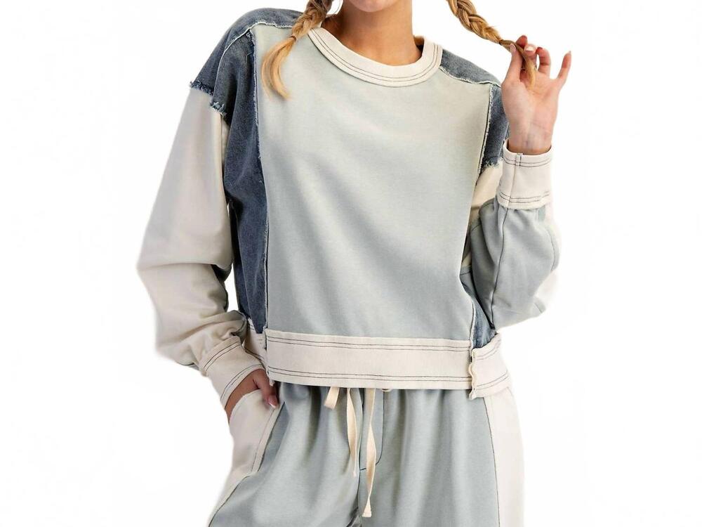 NEW STYLE USA frayed color block long sleeve pullover in sage